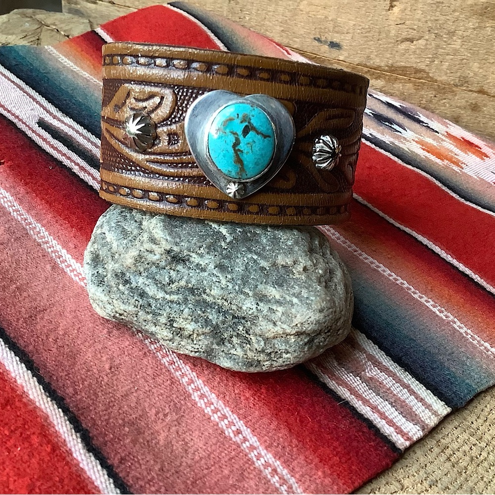 Leather/turquoise cuff, up to 6 1/4” wrist